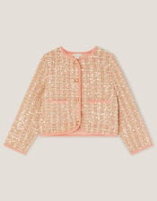 Tweed Sequin Button Jacket, Pink (PINK), large