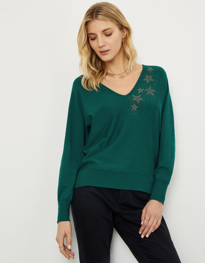 Heat-Seal Star V-Neck Jumper, Green (DARK GREEN), large