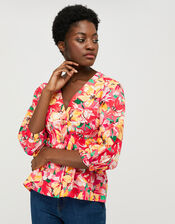 Verna Floral Blouse in Linen and Organic Cotton, Red (RED), large