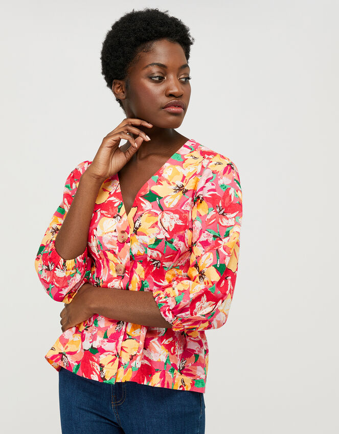 Verna Floral Blouse in Linen and Organic Cotton, Red (RED), large
