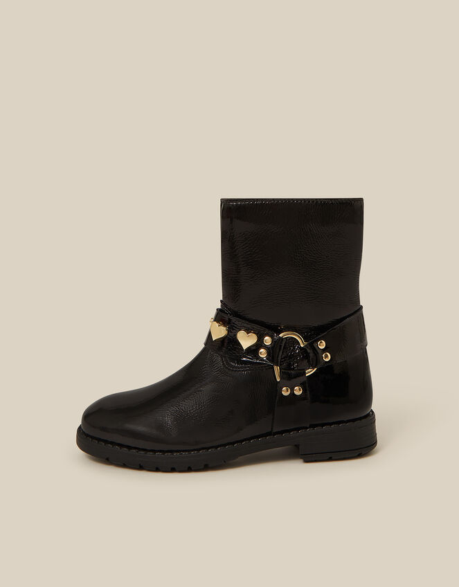 Heart Buckle Patent Biker Boots, Black (BLACK), large