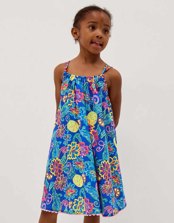 Tropical Floral Crossover Dress, Blue (BLUE), large