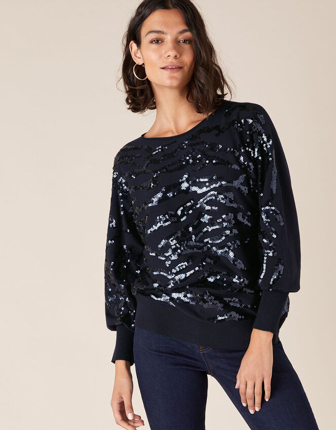 Sequin Animal Knit Jumper with LENZING™ ECOVERO™, Blue (NAVY), large