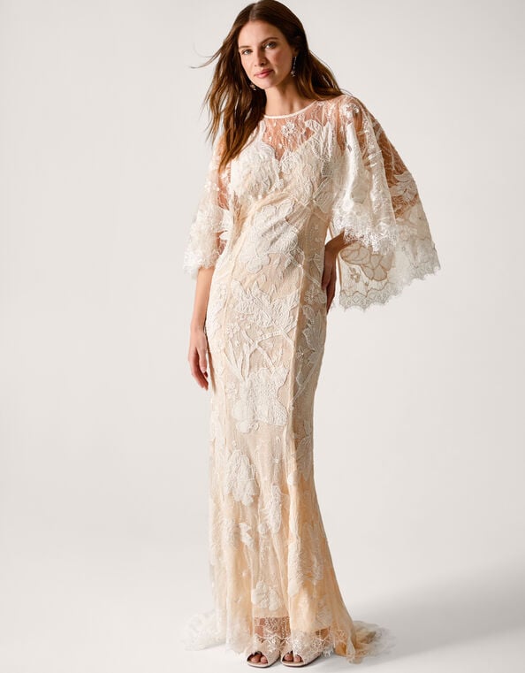 Eileen Cape Embellished Floral Lace Wedding Dress, Ivory (IVORY), large