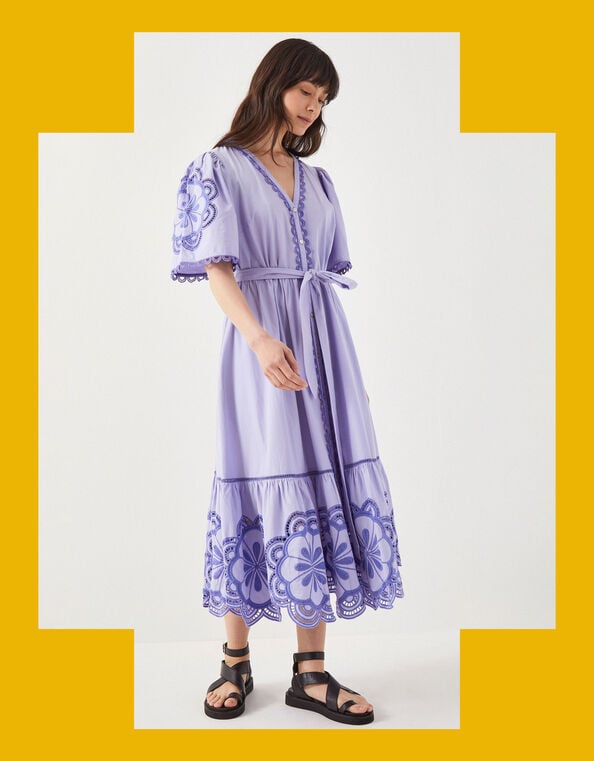 East Aliona Floral Broderie Midi Dress, Purple (LILAC), large