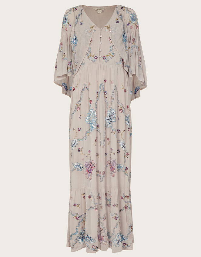 Seraphina Embroidered Cape Maxi Dress, Nude (NUDE), large