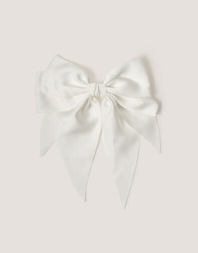Long Tiered Satin Bow Hair Clip, Ivory (IVORY), large