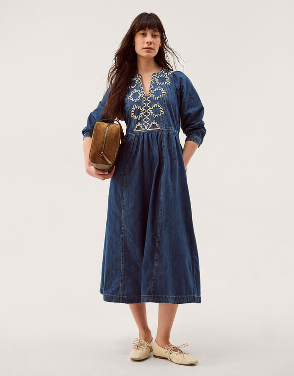 Betty Embroidered Denim Midi Dress, Blue (LIGHT AUTHENTIC), large