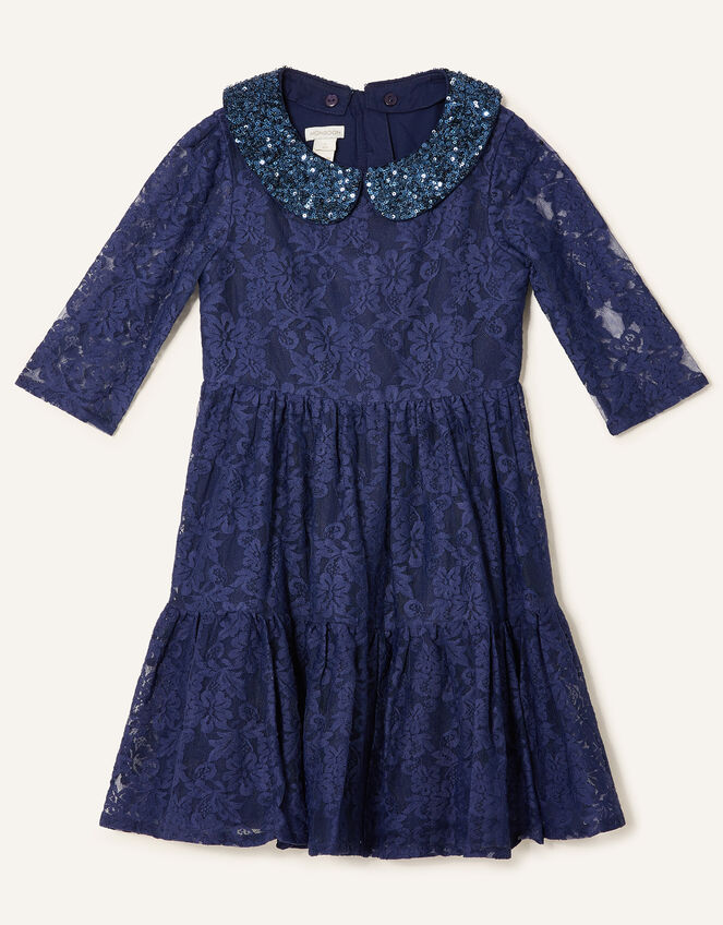 Lace Dress with Detachable Collar , Blue (NAVY), large