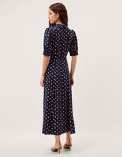 Kate Puff Sleeve Polka Dot Midi Dress, Blue (NAVY), large