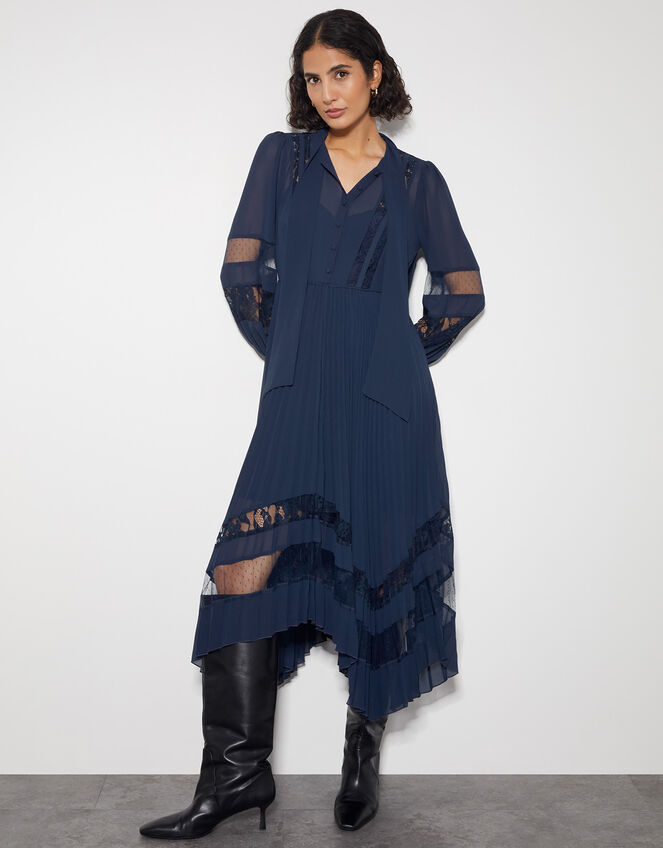 Florence Lace Insert Pleated Midi Dress, Blue (NAVY), large