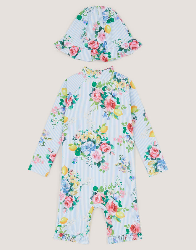 Baby Floral Stripe UPF50+ Swimsuit & Sun Hat, Blue (BLUE), large