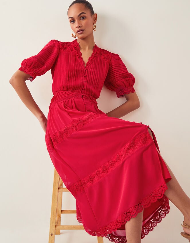 Kiana Pintuck Puff-Sleeve Midi Dress, Red (RED), large