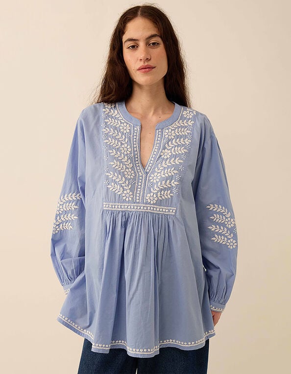 East Alva Hand-Chikankari Embroidered Top, Blue (LIGHT BLUE), large