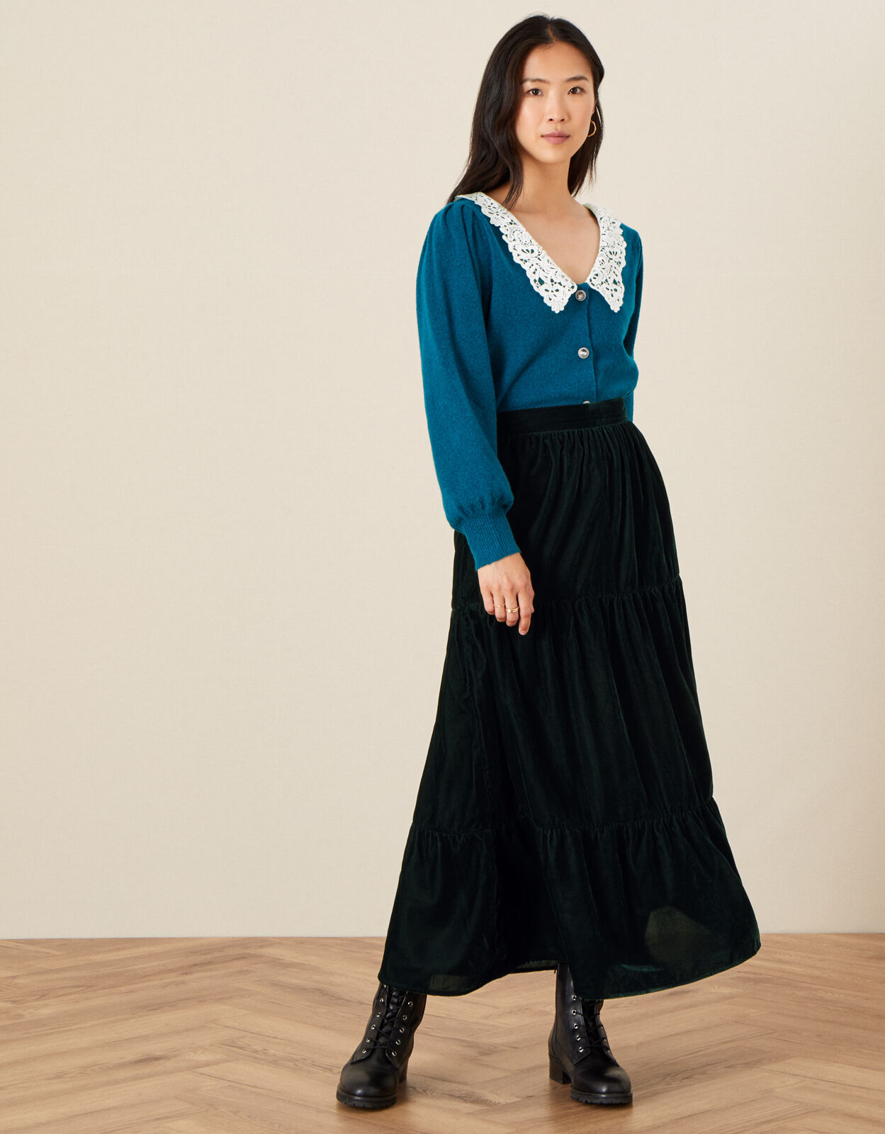 Taylor Tiered Velvet Skirt Green