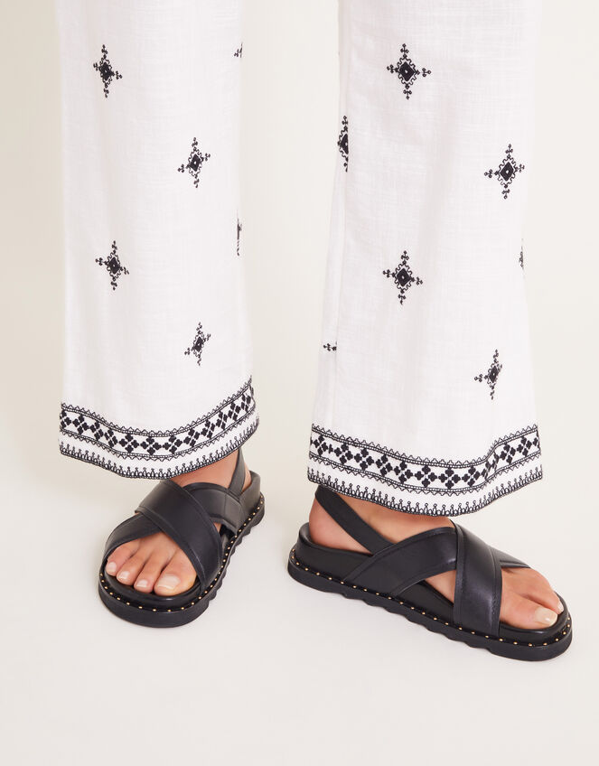 Leather Cross-Over Strap Sandals, Black (BLACK), large