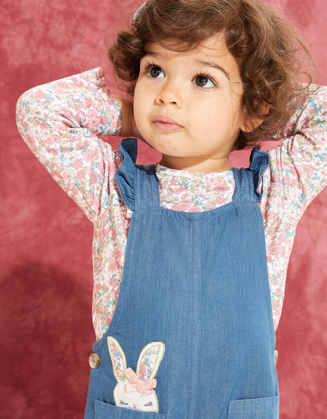 Baby Denim Dungaree and Floral Top Set, Blue (BLUE), large