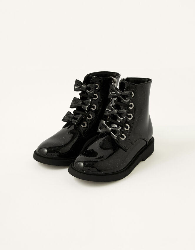 Glittery Bow Lace-Up Boots, Black (BLACK), large