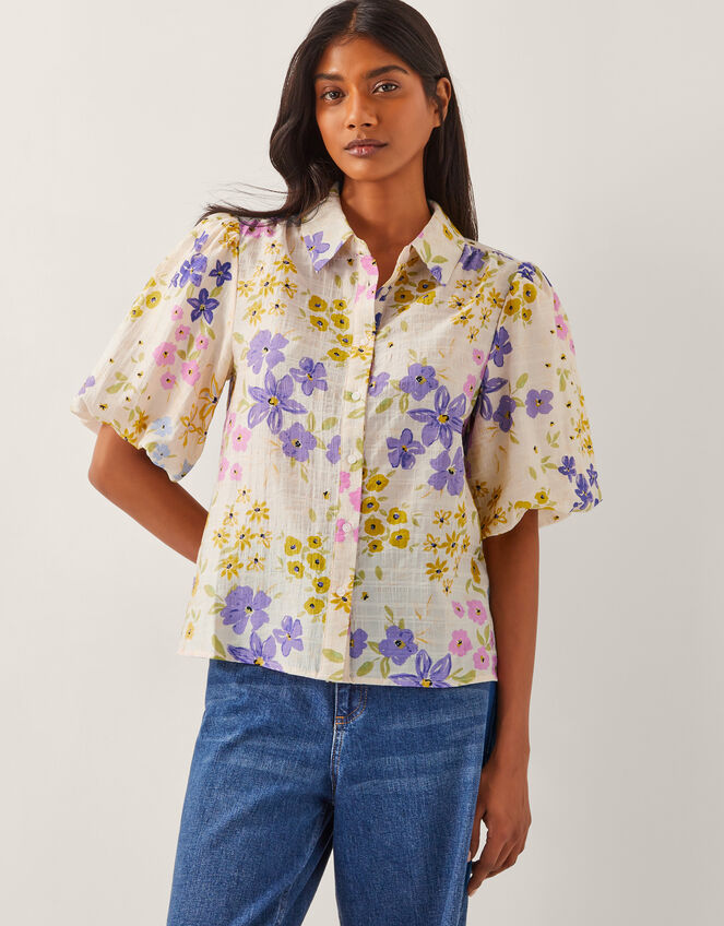 Madeline Floral Puff-Sleeve Shirt , Ivory (IVORY), large