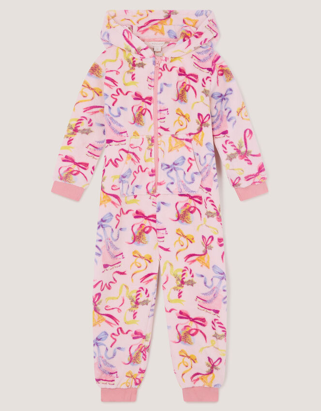 Bow Print Fleece Onesie, Pink (PINK), large