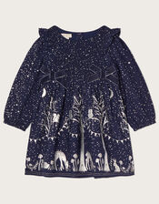 Baby Foil Print Nighttime Scene Dress, Blue (NAVY), large