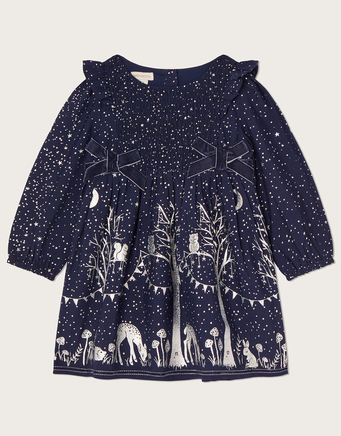 Baby Foil Print Nighttime Scene Dress, Blue (NAVY), large