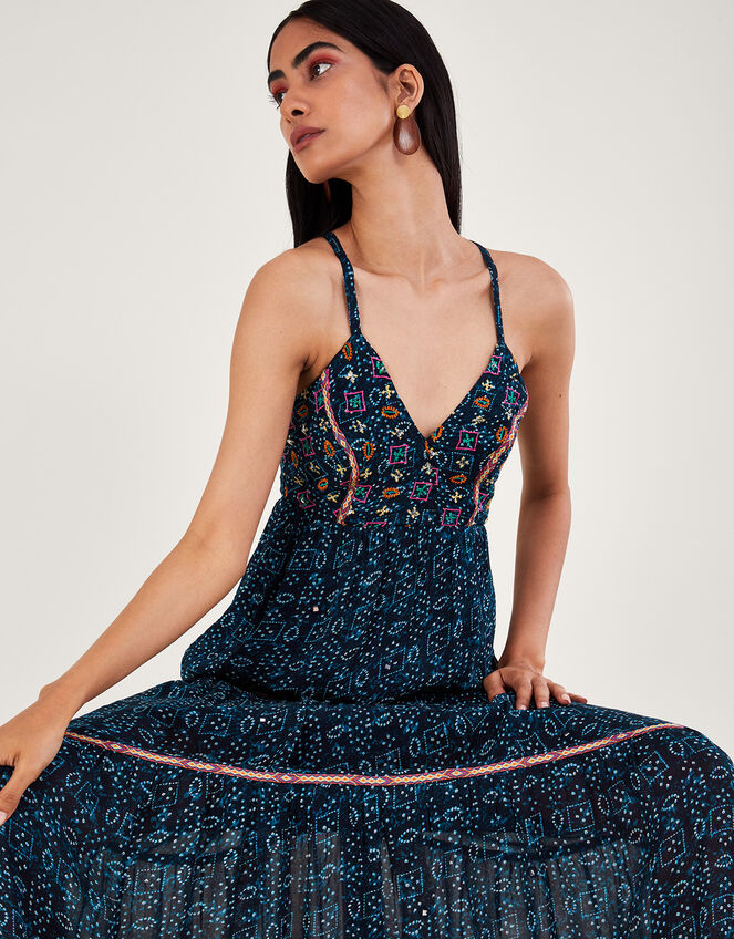 Embellished Print Maxi Cami Dress, Blue (NAVY), large