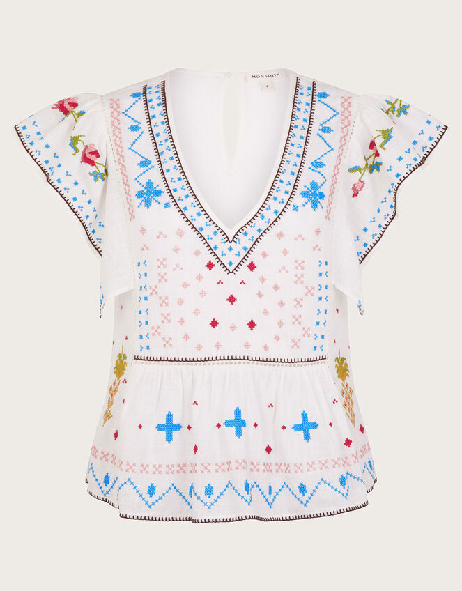Prue Pineapple Embroidered Top, White (WHITE), large