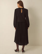 Emilee Velvet Bow Pleated Midi Dress, Black (BLACK), large