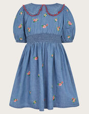 Floral Embroidered Chambray Dress, Blue (BLUE), large