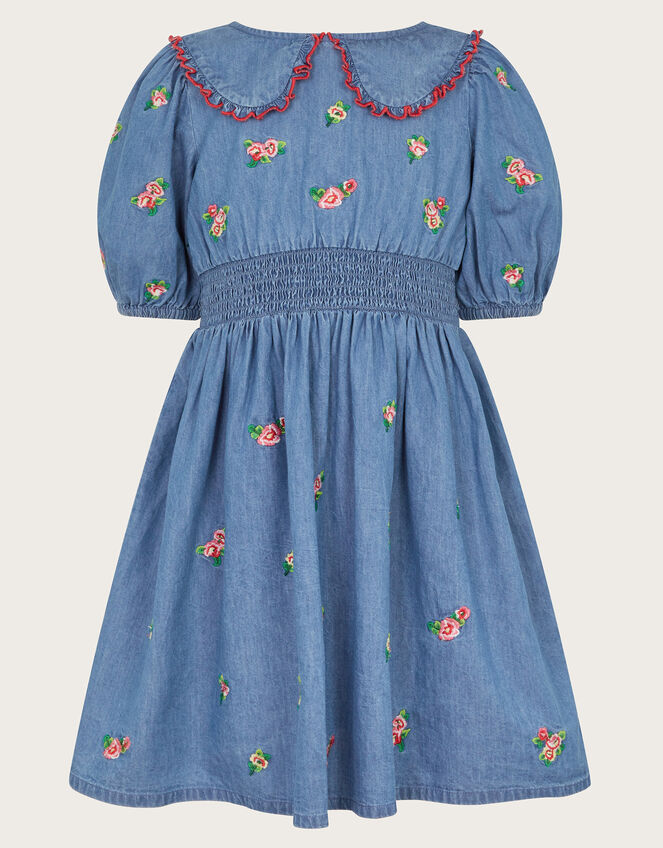 Floral Embroidered Chambray Dress, Blue (BLUE), large