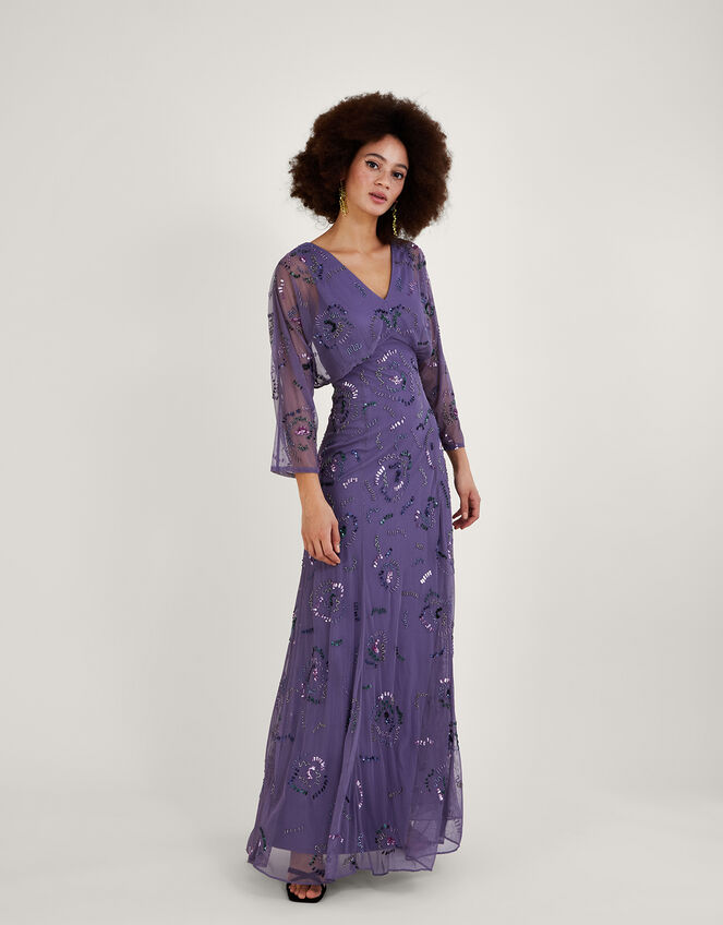 Peggy Embellished Maxi Dress in Recycled Polyester, Purple (PURPLE), large