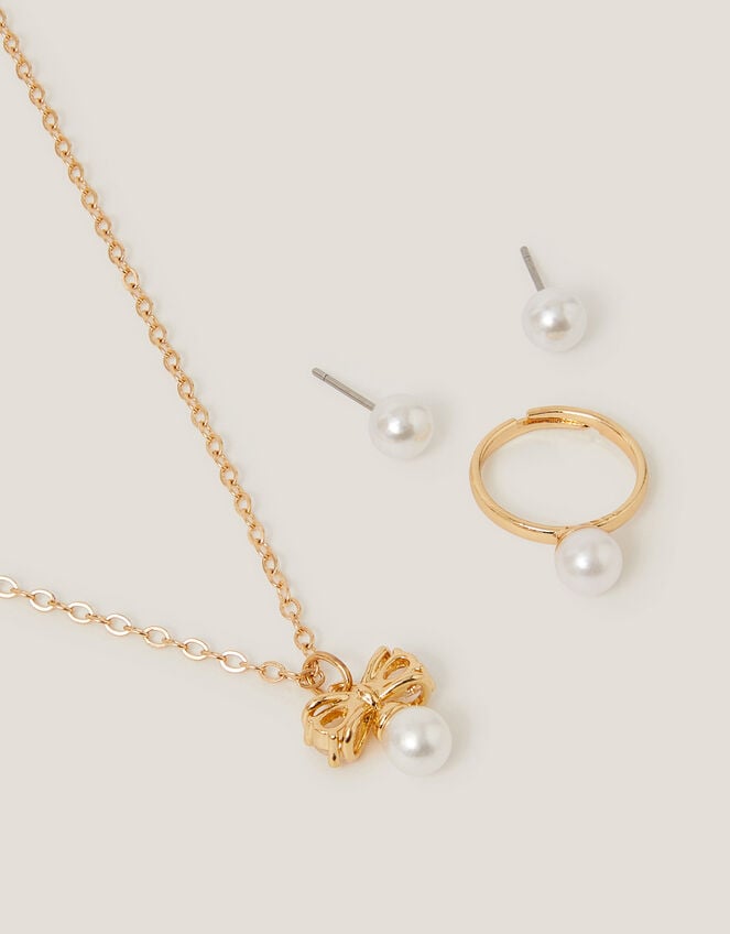 Pearl Bow Pendant Jewellery Set, Gold (GOLD), large