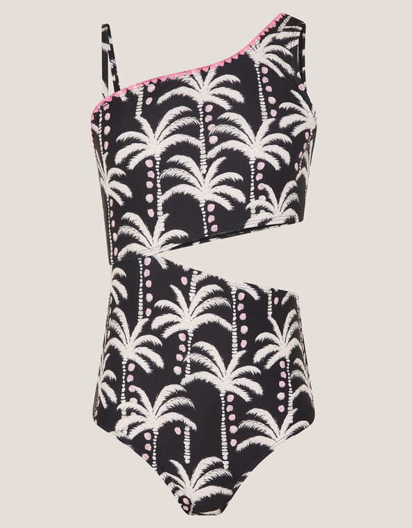 Palm Print Cut-Out Swimsuit, Black (BLACK), large