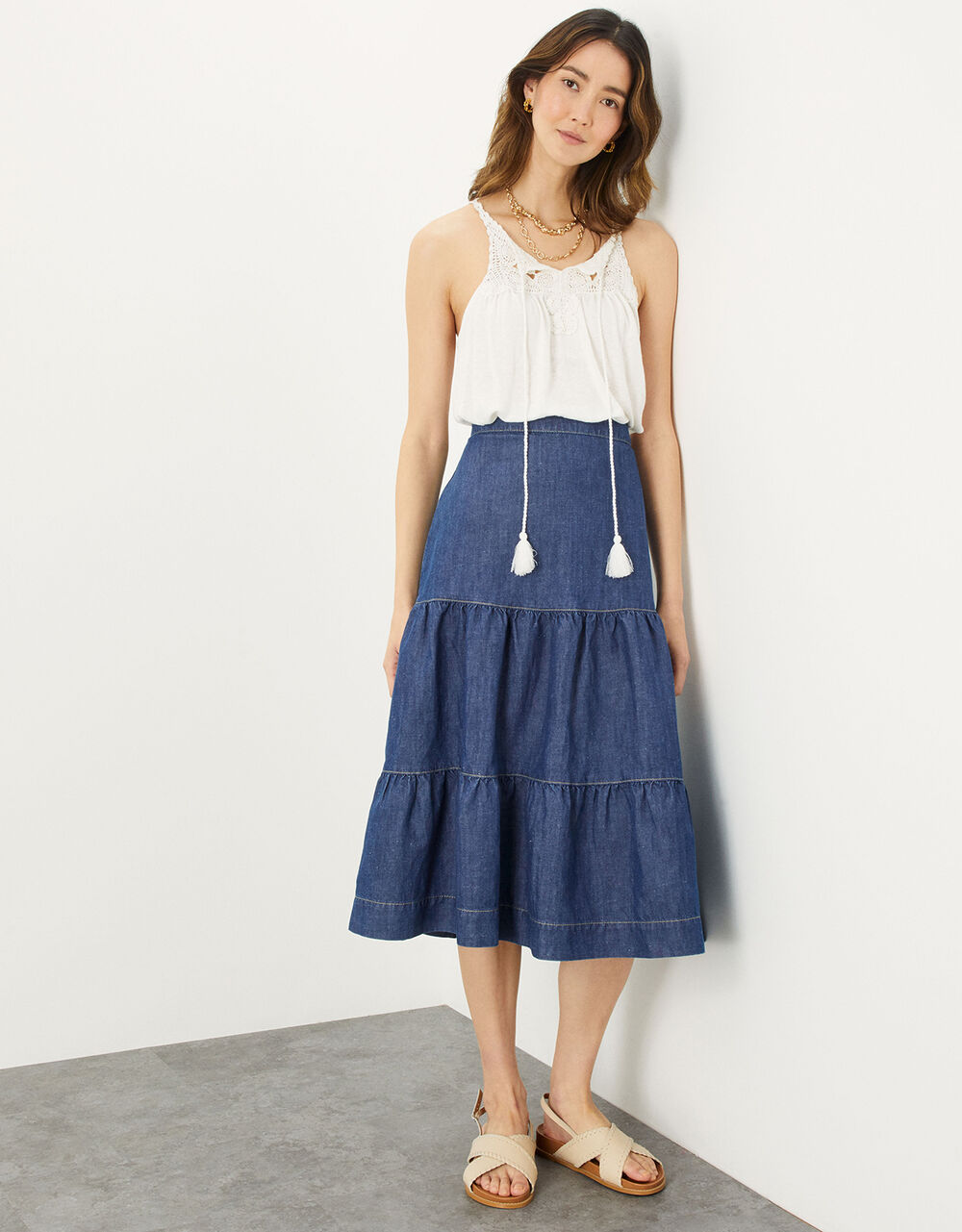 Women Women's Clothing | Hemp Denim Tiered Midi Skirt Blue - ZB25915