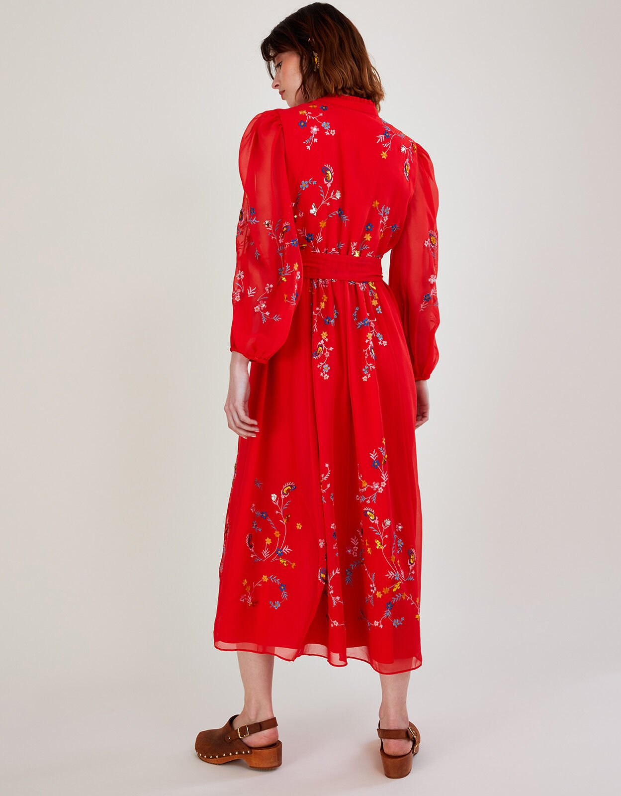 Emily Embroidered Shirt Dress in Recycled Polyester Red