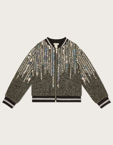 Tweed Jewelled Bomber Jacket, Grey (GREY), large