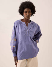 East Anyar Embroidered Cotton Blouse, Blue (MID BLUE), large