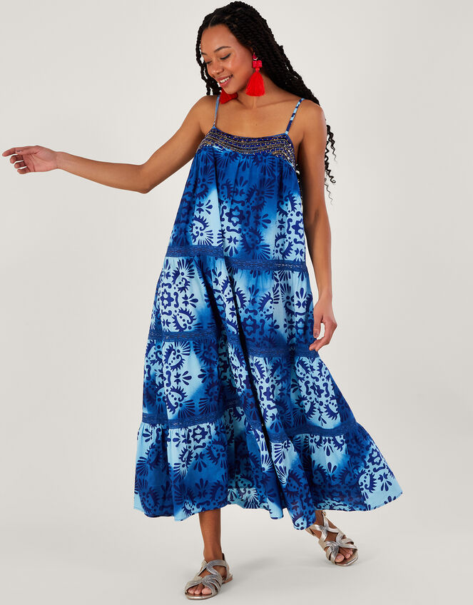 Tile Batik Print Cami Midi Dress, Blue (BLUE), large