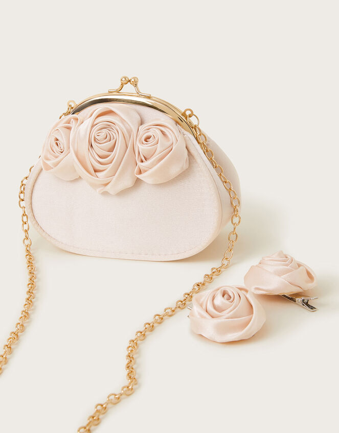 Satin Rosette Bag and Hair Clips Set, , large