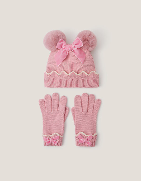 Scallop Beanie Hat & Mittens Set, Pink (PINK), large