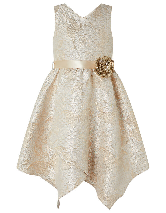 Honey Jacquard Dress with Sequin Corsage, Gold (GOLD), large