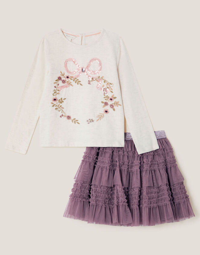 Floral Embroidered Top & Ruffle Skirt Set, Ivory (IVORY), large