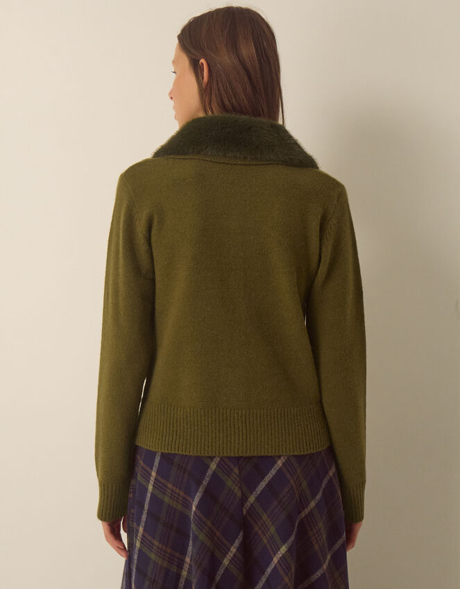 Flo Faux Fur Collar Cardigan, Green (KHAKI), large