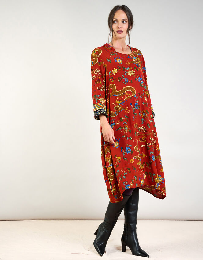 One Hundred Stars Asymmetric Dragon Print Dress, Orange (RUST), large