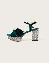 Velvet Glitter Platform Sandals, Green (GREEN), large