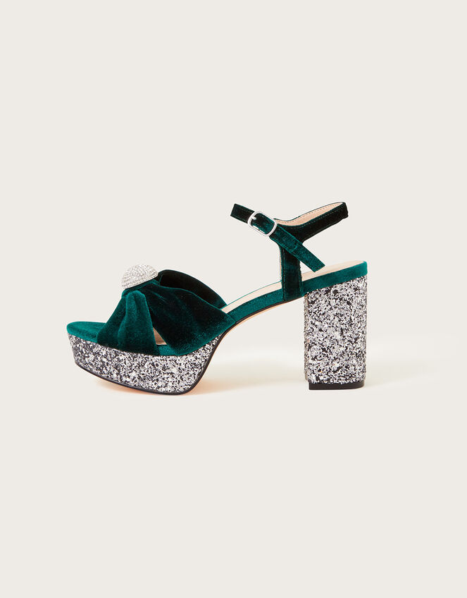 Velvet Glitter Platform Sandals, Green (GREEN), large