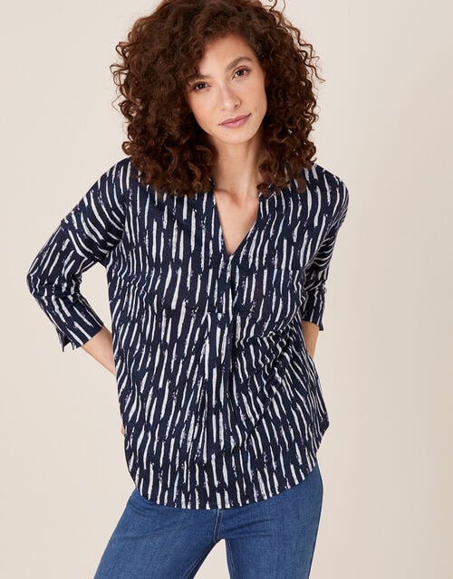 Printed Long Sleeve Top in Pure Linen, Blue (NAVY), large