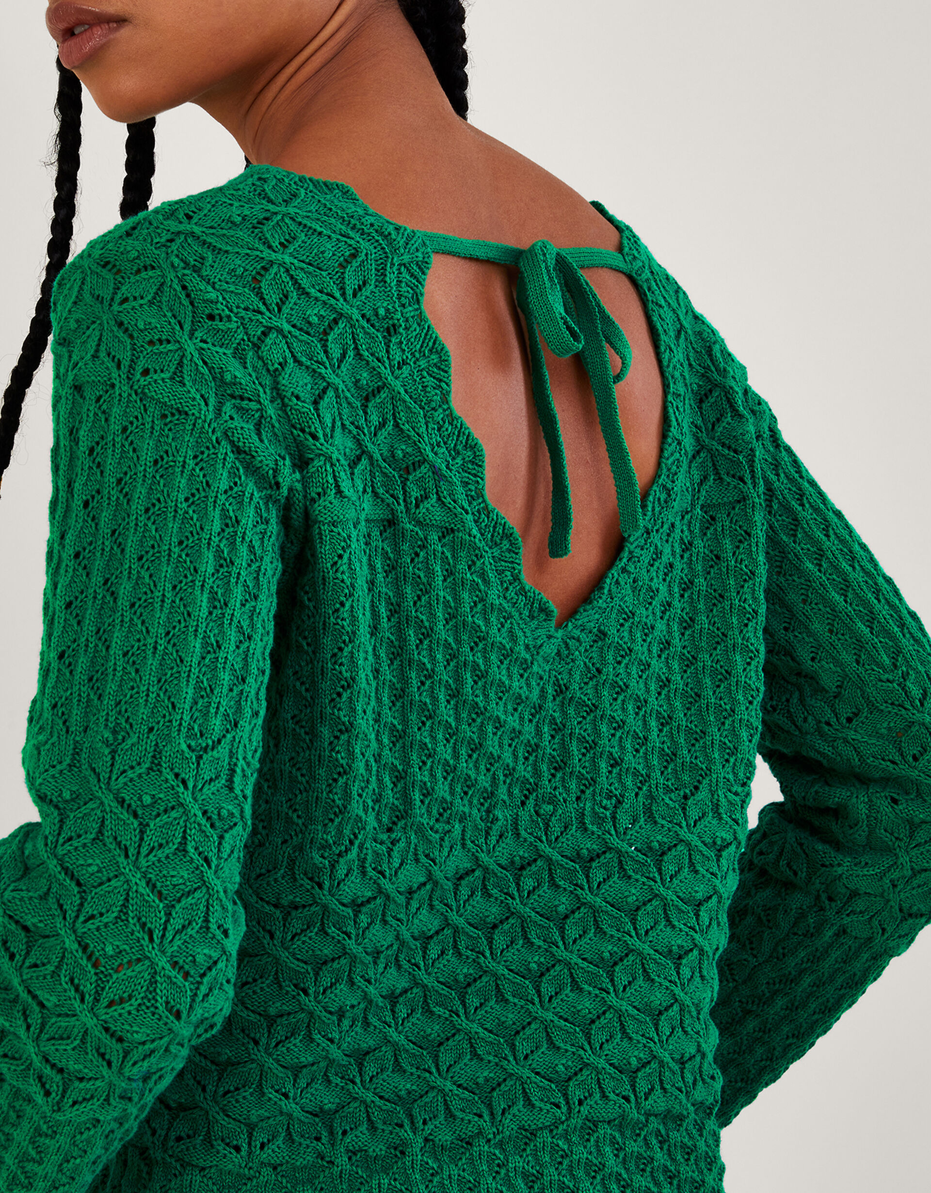 Pointelle Stitch Jumper with Tie Back in Sustainable Cotton Green
