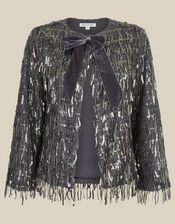Sabia Velvet Bow Sequin Jacket, Dark Silver (GUNMETAL), large
